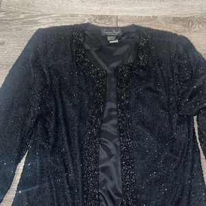 Laurence Kazar Vintage petite large Black fully beaded silk formal long sleeve